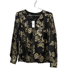 Ann Taylor Black Gold Metallic Floral Blouse Top XS NWT Shimmer V-Neck Holiday